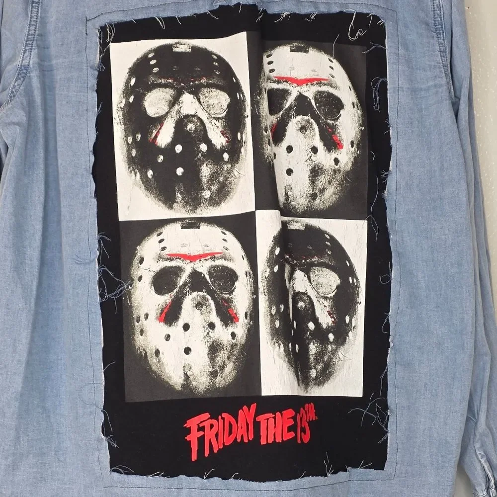 Boneyard Threadz Blue Chambray Button Up Shirt Friday The 13th Graphic XL
